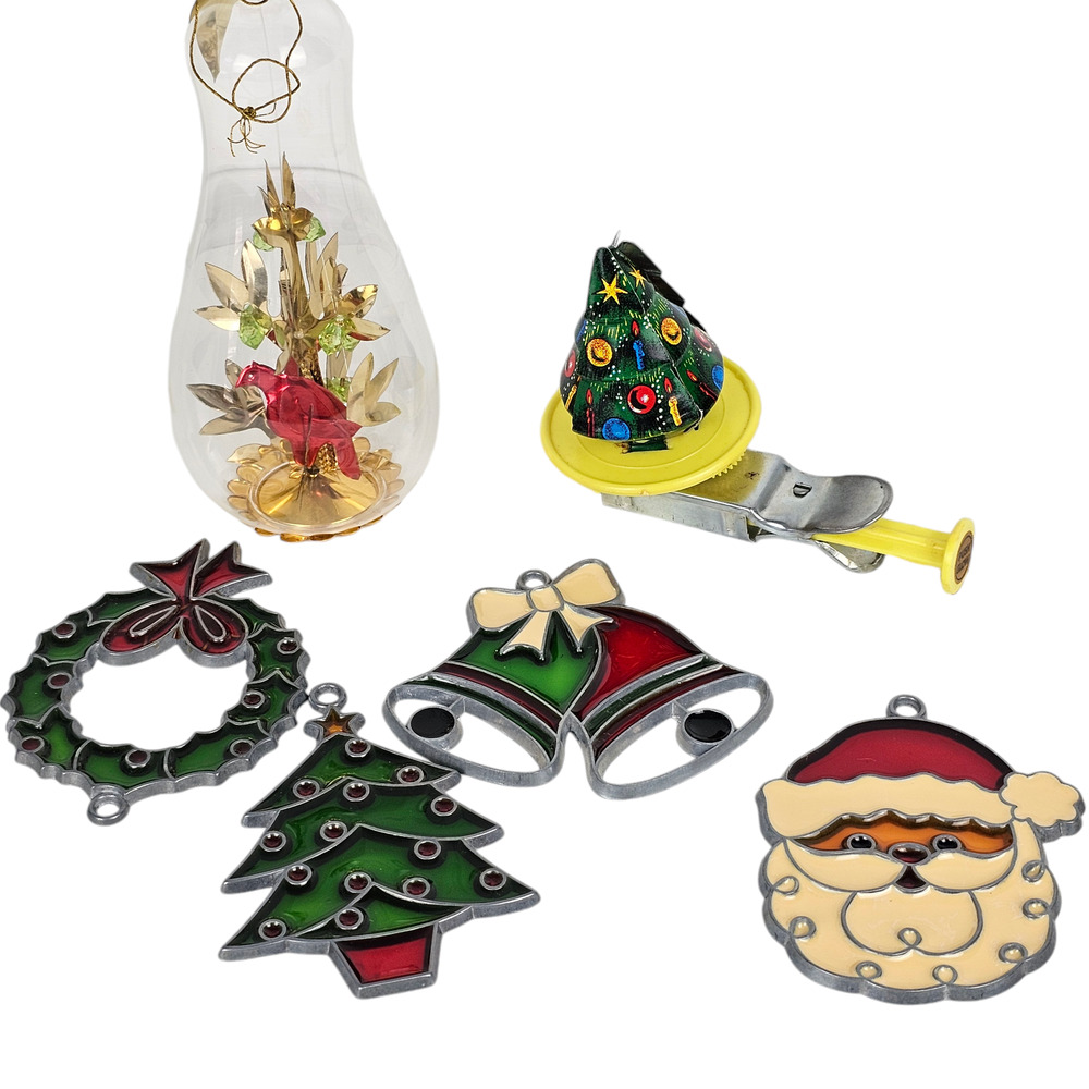 Lot 6 VTG Christmas decor faux stained glass ornaments whirling tree partridge